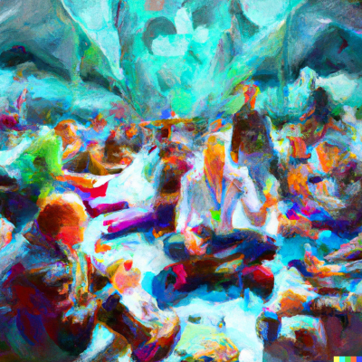 DALL·E 2023-02-15 21.54.39 - A hyperreal painting of a solar punk learning conference full of people learning together and artists creating art